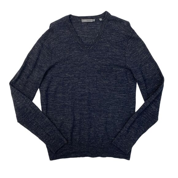 Vince Sweater Mens L Large Dark Navy Linen Wool Blend V Neck Pullover SpaceDye - Picture 1 of 12